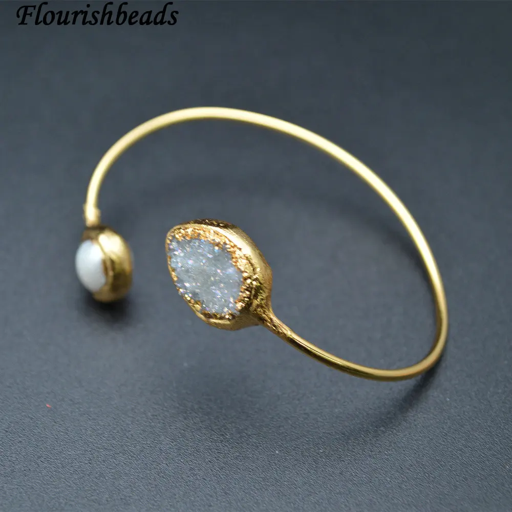 

Double Stones 18K Gold Plating Metal Wire Bangle Natural Pearl and Drusy Bracelet Fashion Woman Party Jewelry Gift