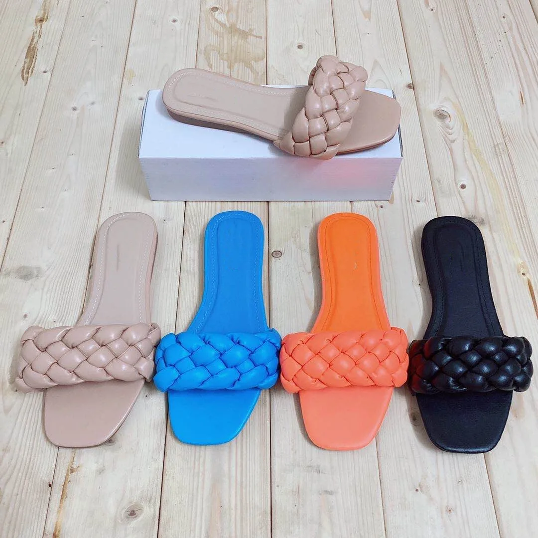 

2021 Women Summer Fashion Soft Thin Bottom Beach Solid Color Trend Woven Upper Low Heels Slippers, Customized color