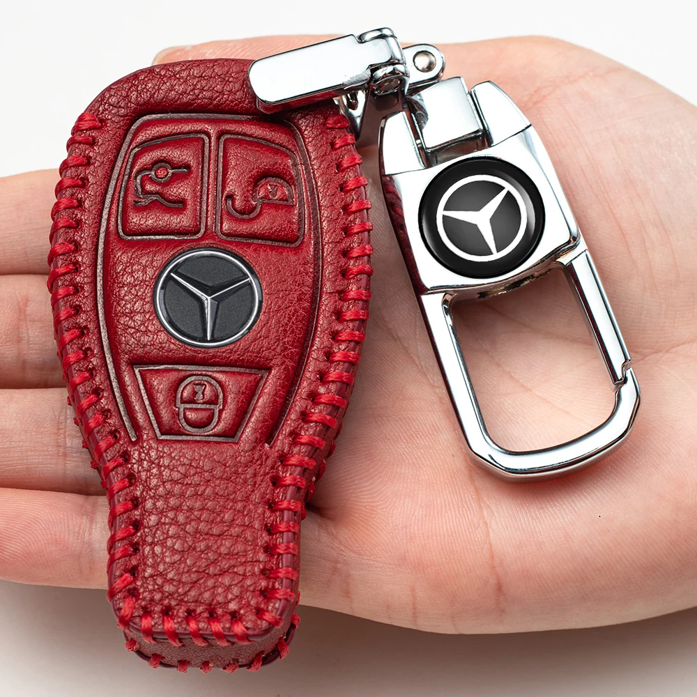 
Car Key Case - Genuine Leather Protector Keychain suit for Mercedes Benz C E S M CLS CLK G Class car Key Fob cover Smart Car 