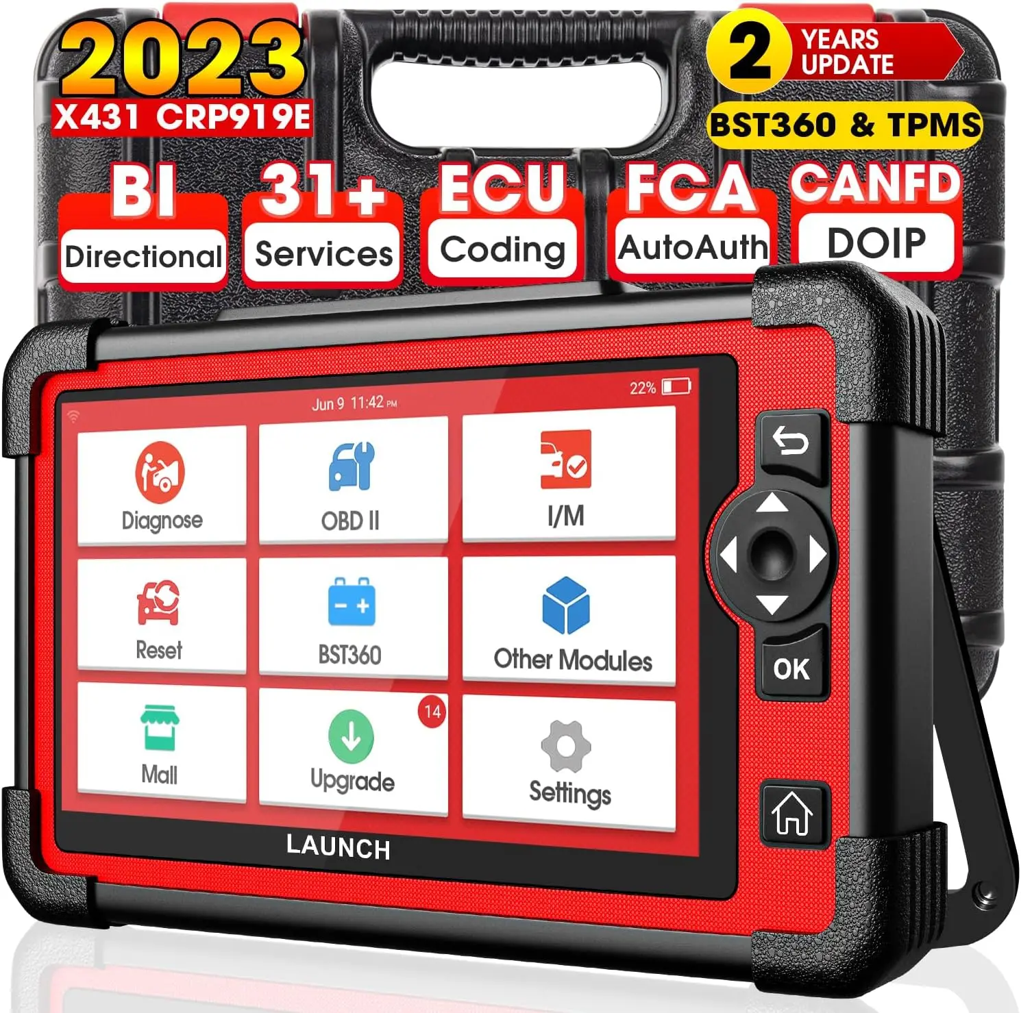 

Launch CRP 919E Full System CANFD Bi-directional Control BST 360 TPMS ECU Coding Diagnostic Tool Machine with 31 Resets