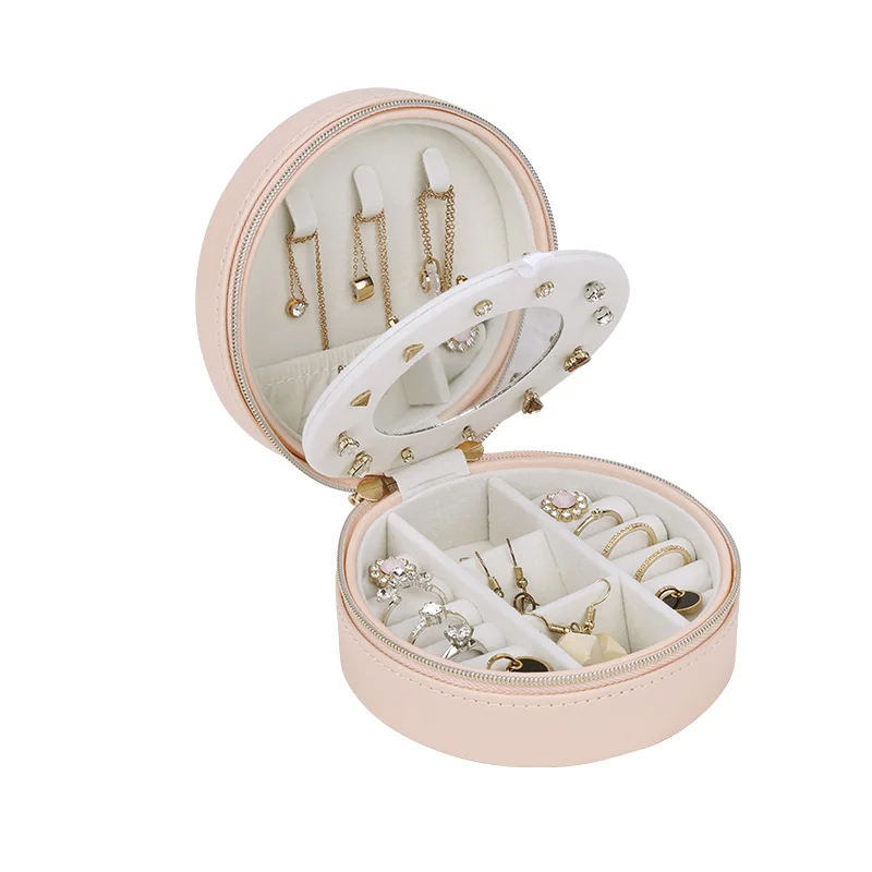 

Wholesale Travel Jewelry Gift Box Ring Necklace Earring Jewellery Organizer Custom Velvet Round Storage Leather Jewelry Case, Red, navy blue, pink