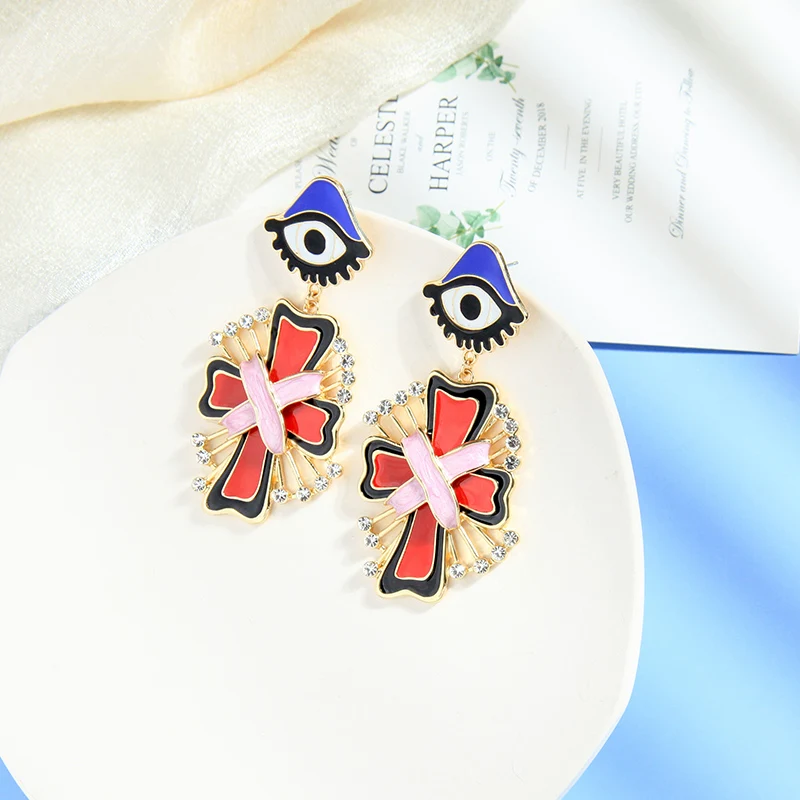 

e0642 New Arrival Women Crystal Turkish All Seeing Evil Eye Enamel Blue Jesus Cross Jewelry Statement Earrings 2020 Charms