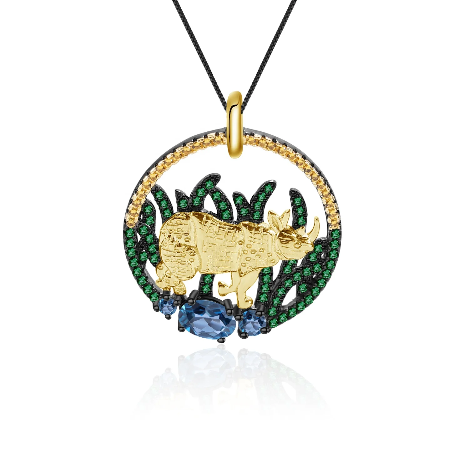 

Abiding Natural London Blue Topaz Golden Rhinoceros Pendant Handcrafted 925 Sterling Silver Fine Jewelry