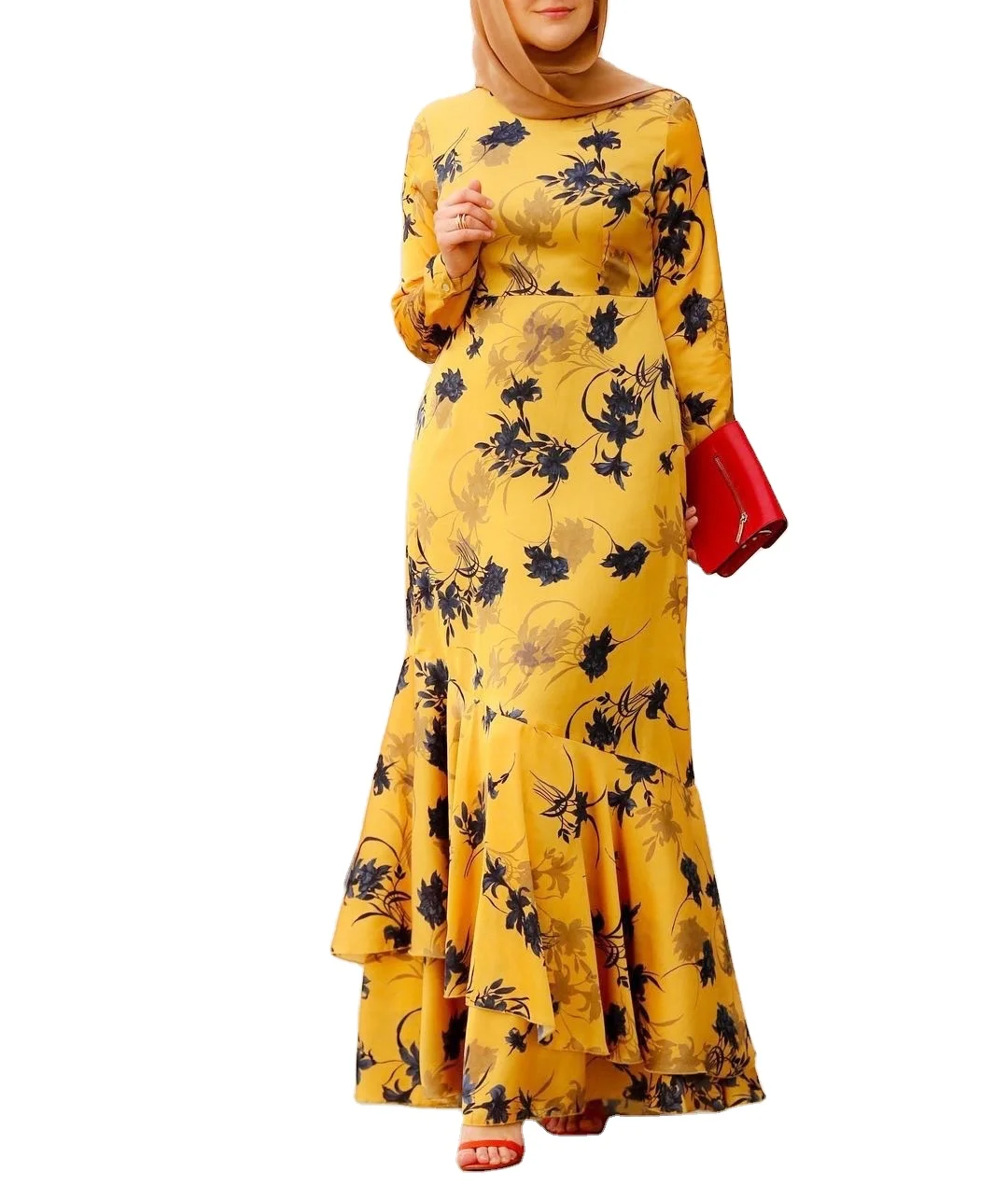 

GH- WJY868 Digital Printing Middle East Yellow Fashion Floral Lotus Leaf Skirt Islamic Maxi Dress Clothing Muslim 2021 Dress