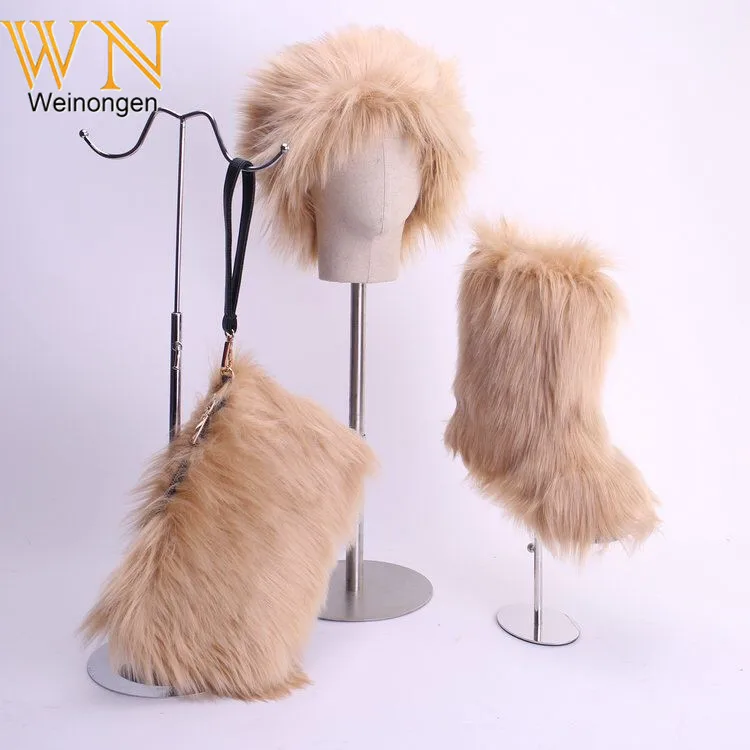 

wholesale winter fashionable rainbow faux sheep fox fur snow boots shoes sets for kids and girls women with fur headband hat, As pictures or custom