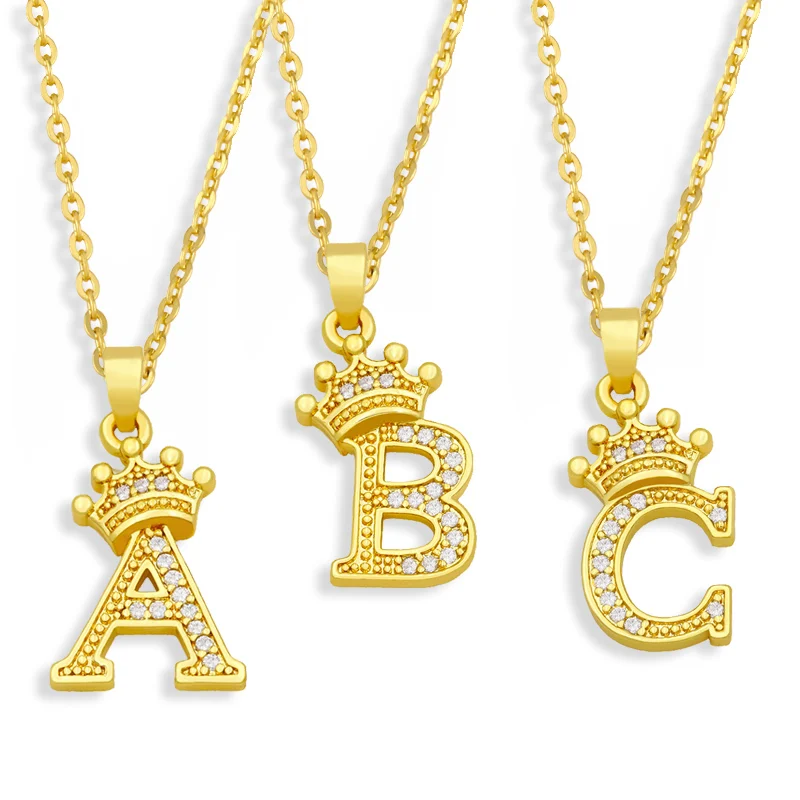 

A-Z Letter Necklace Adjustable Fashion Chain Crown Pendants CZ 14k Gold Plated Jewelry For Couple Gift