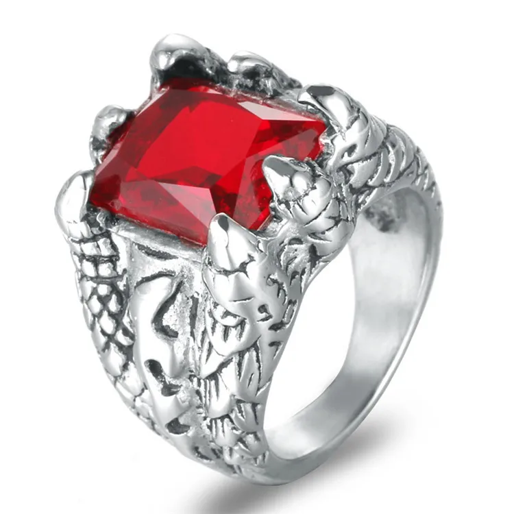 

Vintage Ruby Ring Retro Punk Personality Trend Stainless Steel Dragon Claw Ring, Picture shows