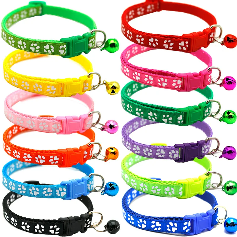 

Manufacturer wholesale multi-colors adjustable nylon paw print cat dog collar with bell, Red,green,orange,yellow,pink,blue,purple,black