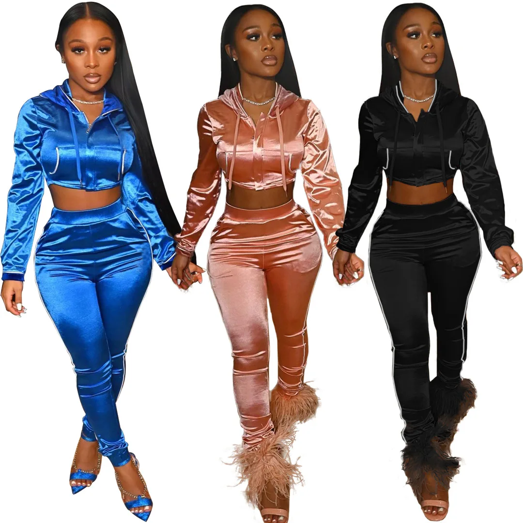 

Womens Winter Clothing 2021 Zipper Hooded Crop Top Two Piece Pants Set Solid Casual Smooth Track Suit