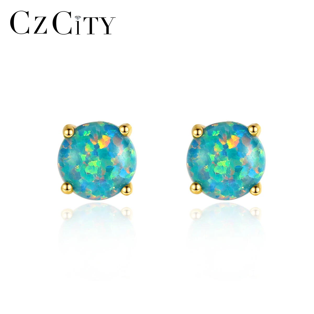 

CZCITY Round Shaped Blue Fire Opal 925 Silver Gemstone Rhodium Plated Women Opal Beaded Earrings