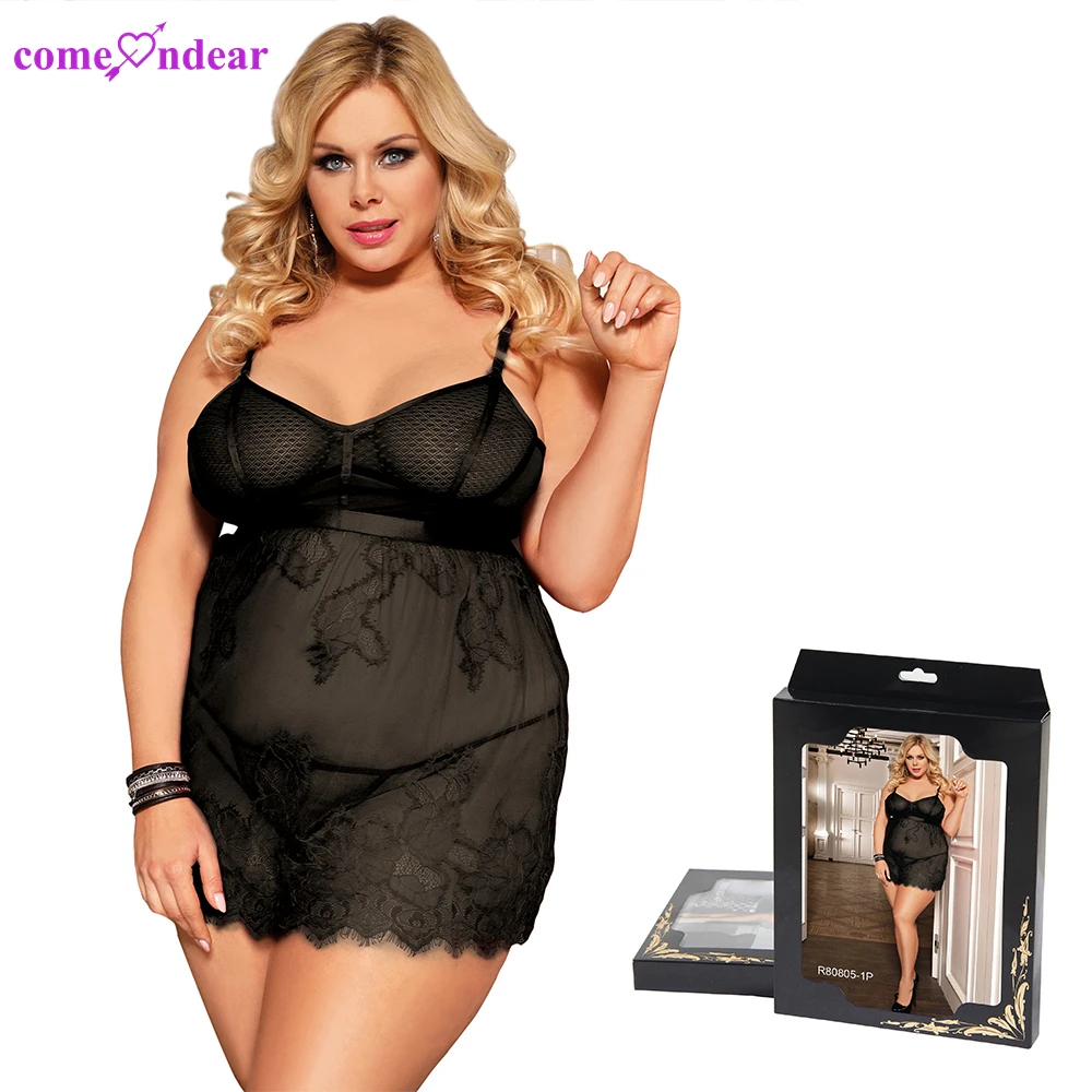 

Packaging for clothes curvy ladies black transparent plus size lingerie set lace 4xl 5xl 6xl 7xl night dresses for woman
