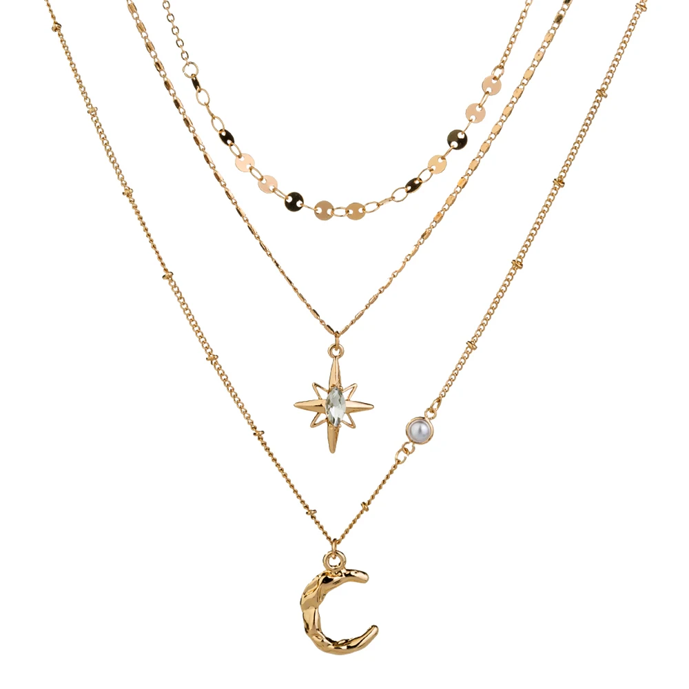 

Classic Star Moon Combination Pendant Pearl Plated Gold Three Layer Necklace Female Jewelry