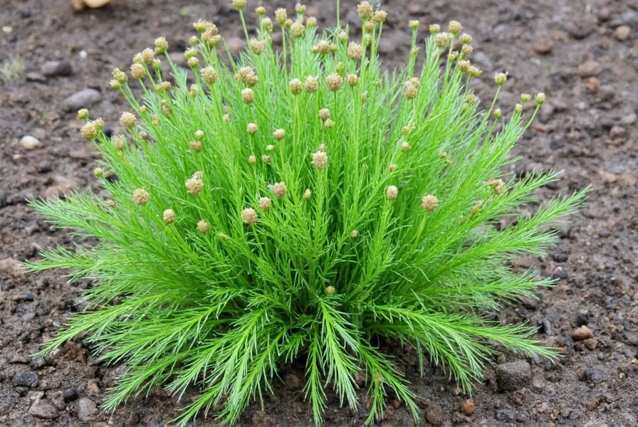 Dill plant growing in garden soil with mature seed heads and feathery leaves