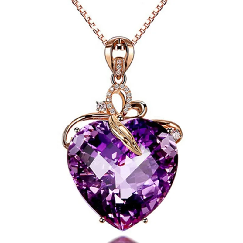 

Trendy Luxury Fashion Gold Plated Amethyst Crystal Necklaces For Lady Bridal Wedding Valentine's Day Heart Love Pendant Jewelry