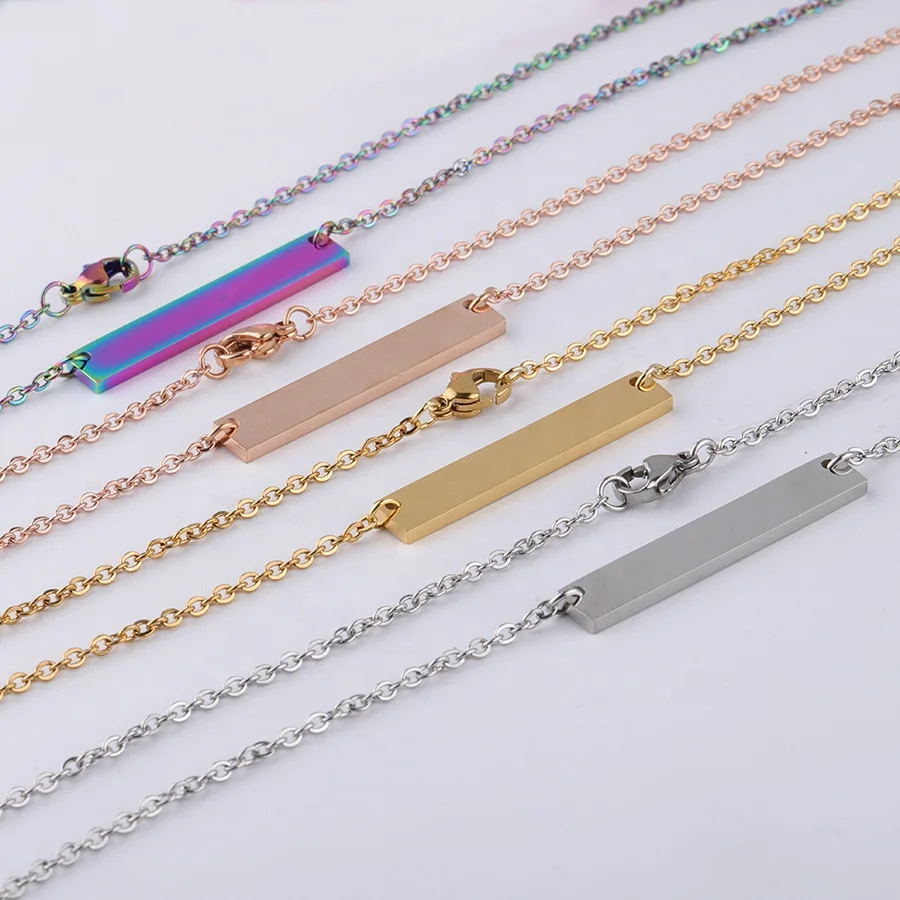 

CBJ-72 Rectangle Pendant Blank Bar Necklace Stainless Steel Neck Chain, 5 colors