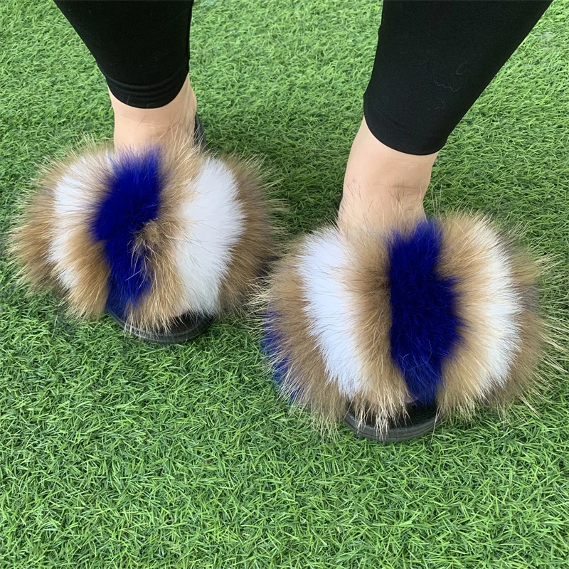 

artificial fury slippers in women and girls size faux fox fur slipper verified fake raccoon fuzzy slides for adults and kids, Customized color
