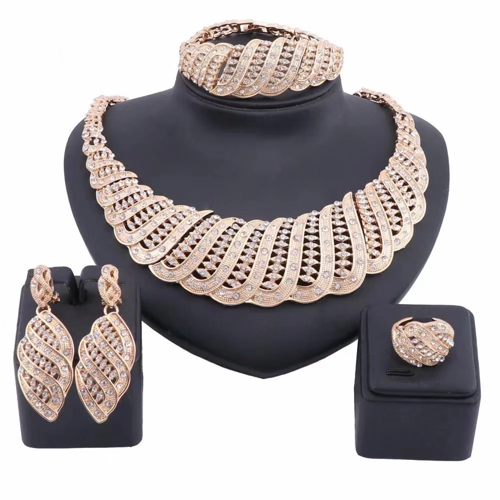 

4Pcs/set Gold Crystal Necklace Bracelet Ring Earrings Fashion Jewelry Women Jewellery bijoux de mariage de dubai