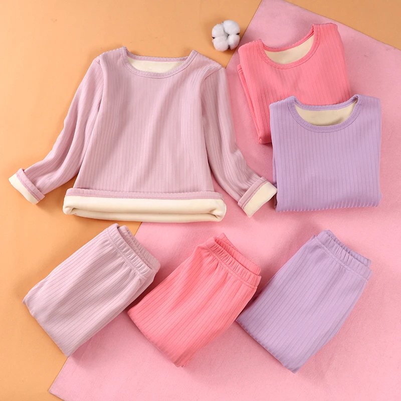 

2020 autumn winter fashion kids top and bottom thermal underwear set boys girls stripe long johns, Pink, purple, green, light gray, blue, red