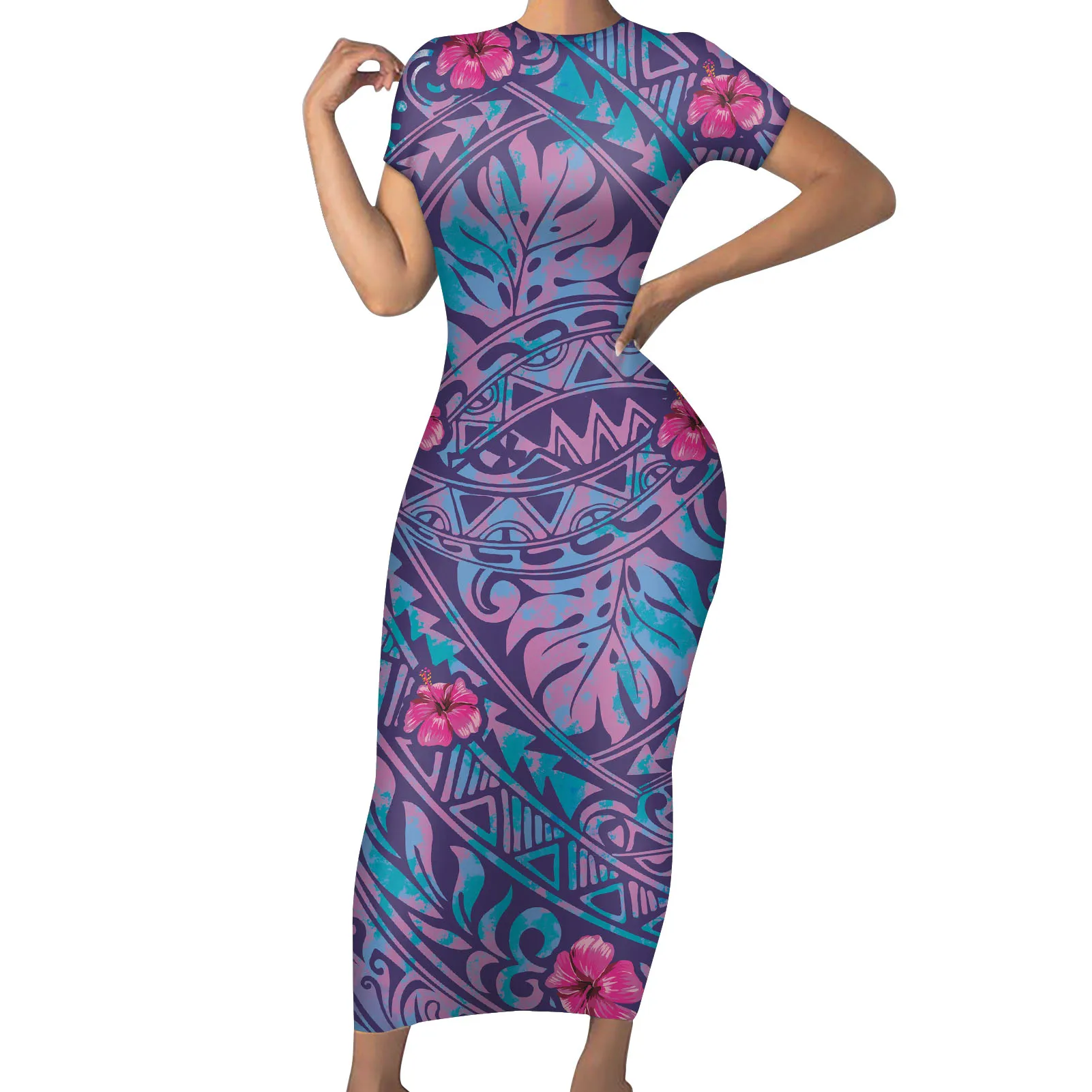

Custom Your Design New Samoan Tribal Flower Pattern Printing Slim Short Sleeve Slim Maxi Women Long Sexy Dress Ladies Dress, Customized color