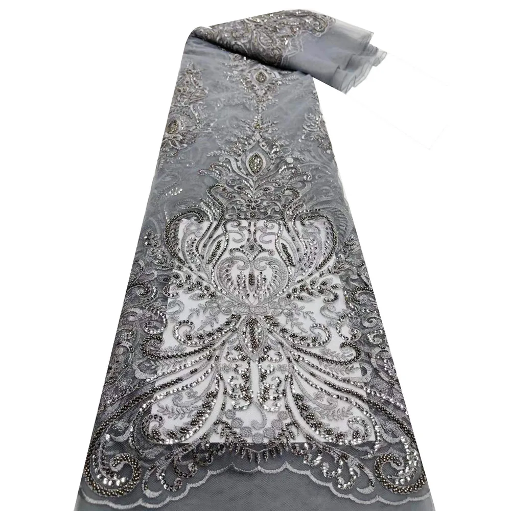 

Beautifical lace beaed high quality french wedding nigerian lace net tissu 2021ML5N785, Grey