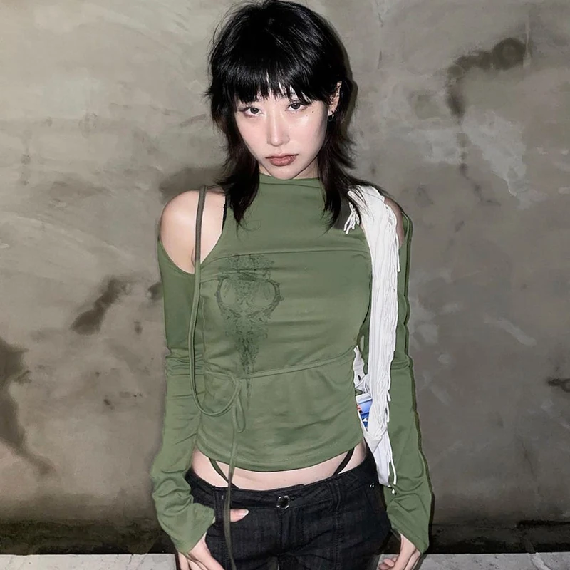 

"Sandtree Q21TP604 2022 New Arrivals Hollow Out Fashion Print prettylittlething t-shirt Solid Color Bandage mid long T shirt"