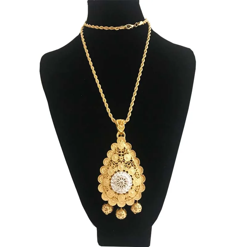

Algerian Gold Color Big Pendant Necklace for Women Moroccan Wedding Jewelry Double Layer Hollow Pattern Hip Hop Chain, Gold and silver