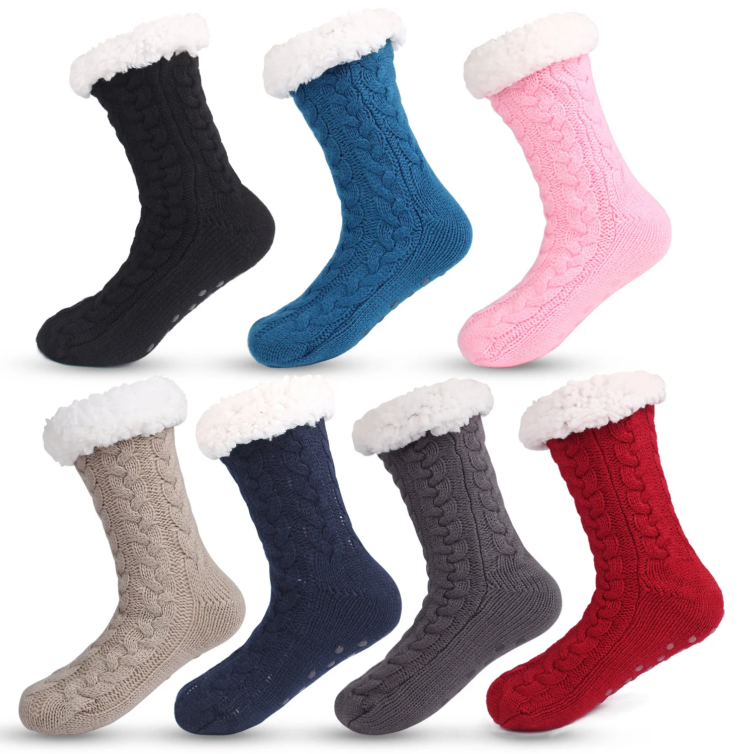 

Custom Thermal Winter Warm Fuzzy Slipper socks Floor Anti-Slip Fleece Lined Sherpa indoor Socks, 7colors