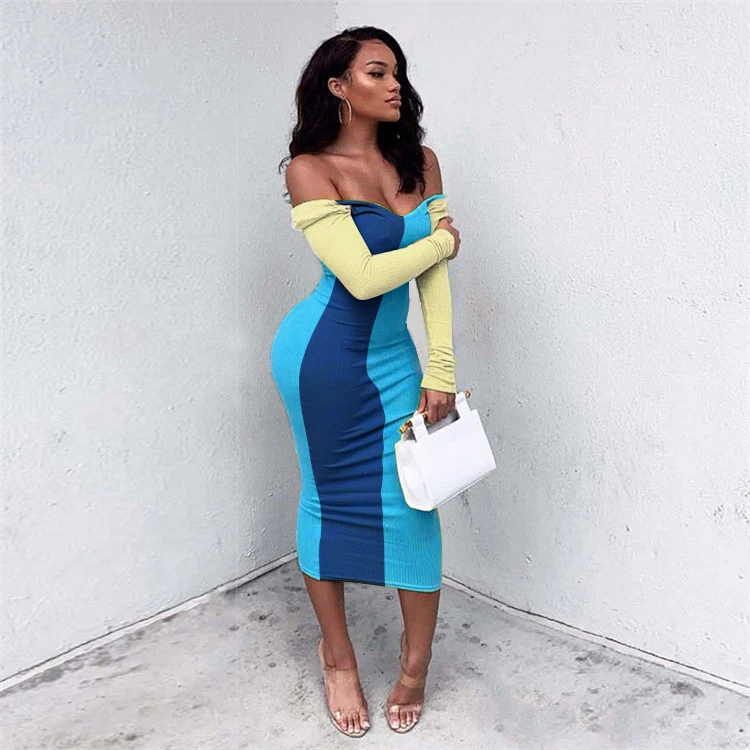 New Arrival Elegant Contrast Color Off Shoulder Long Sleeve Knit Maxi Long Women Dresses Girl Casual dress