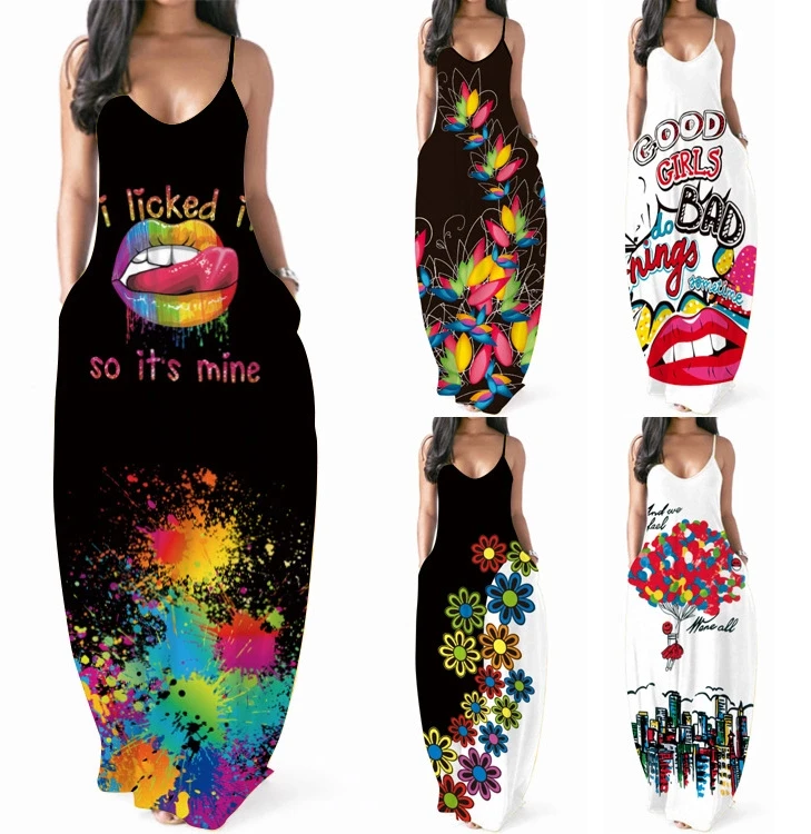 

Summer 2022 fashionable graphic tie dye graffiti maxi dress women loose fit V neck a-line casual dress, 6 colors