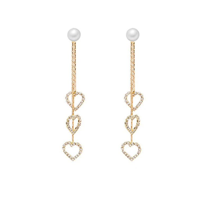 

ADELANTE Long Lovely Charm Diamond Heart Shape Gold Silver Color S925 Brass Earrings, Gold, sliver