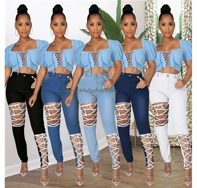 

J&H 2021 Latest Pure Color Hollow Out Casual Jeans High Waist Hole Trousers Womens Denim Trousers High Fashion Street Wear, White black dark blue light blue medium blue or customized