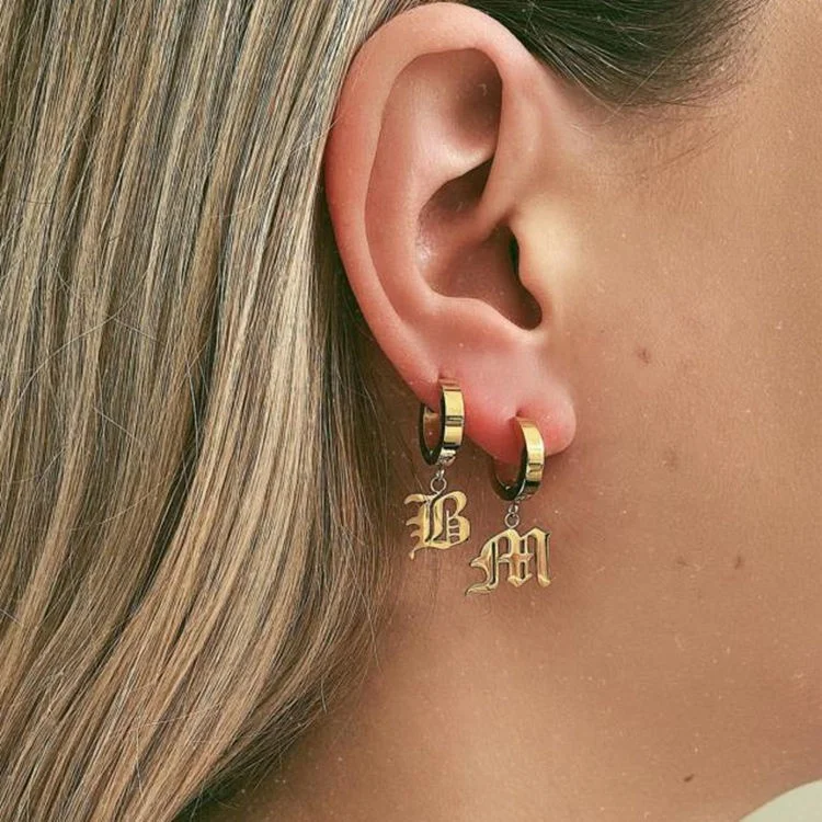 

Trendy Design Personality 18K Gold Plated 26 Letters Charm Huggie Earrings Jewelry Women Old English Initial Hoop Earrings, Gold, rose gold, steel, black etc.