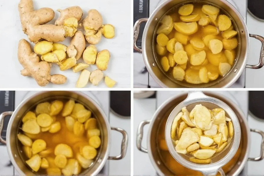 Step-by-step ginger tea preparation showing fresh ginger slicing, simmering, and final strained tea