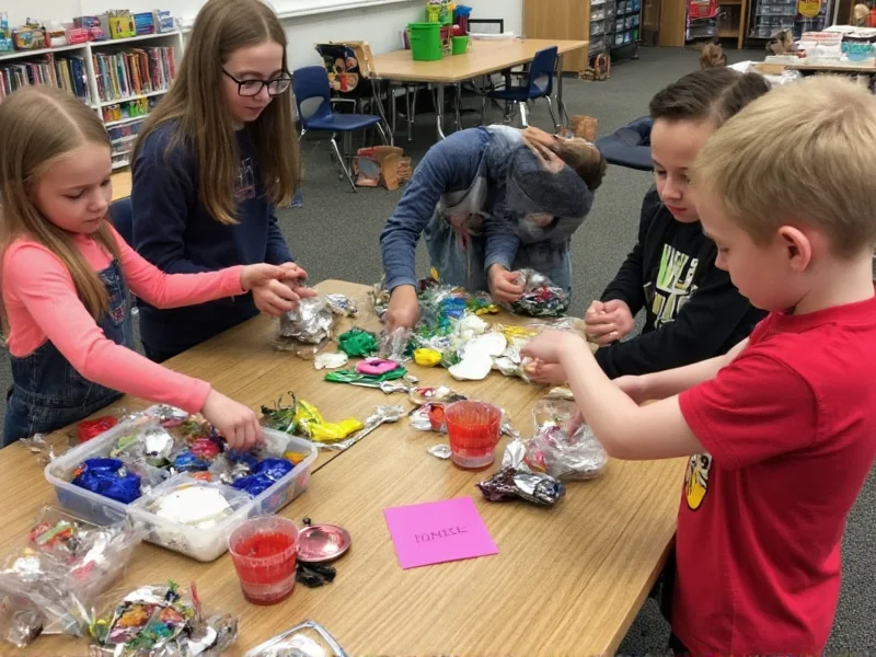 Elementary students sorting recycled materials for classroom projects