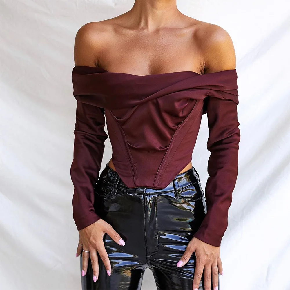 

Amazon Wholesale Ladies Satin Shirt Strapless Long Sleeve Off Shoulder Sexy Ladies Solid Color Top Casual