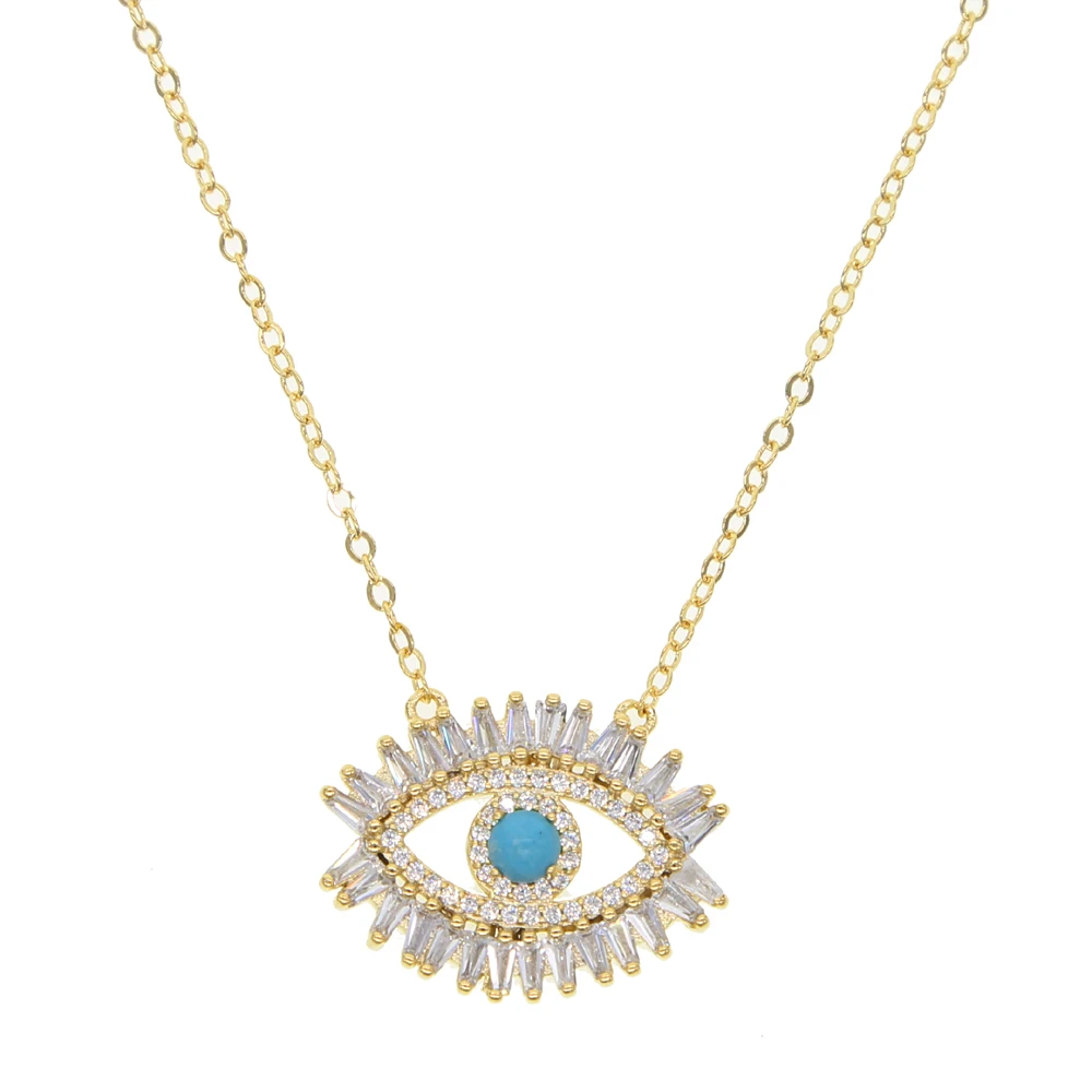 

Newest gold filled eye shape necklace with blue enamel paved cz evil eye necklace for young girl