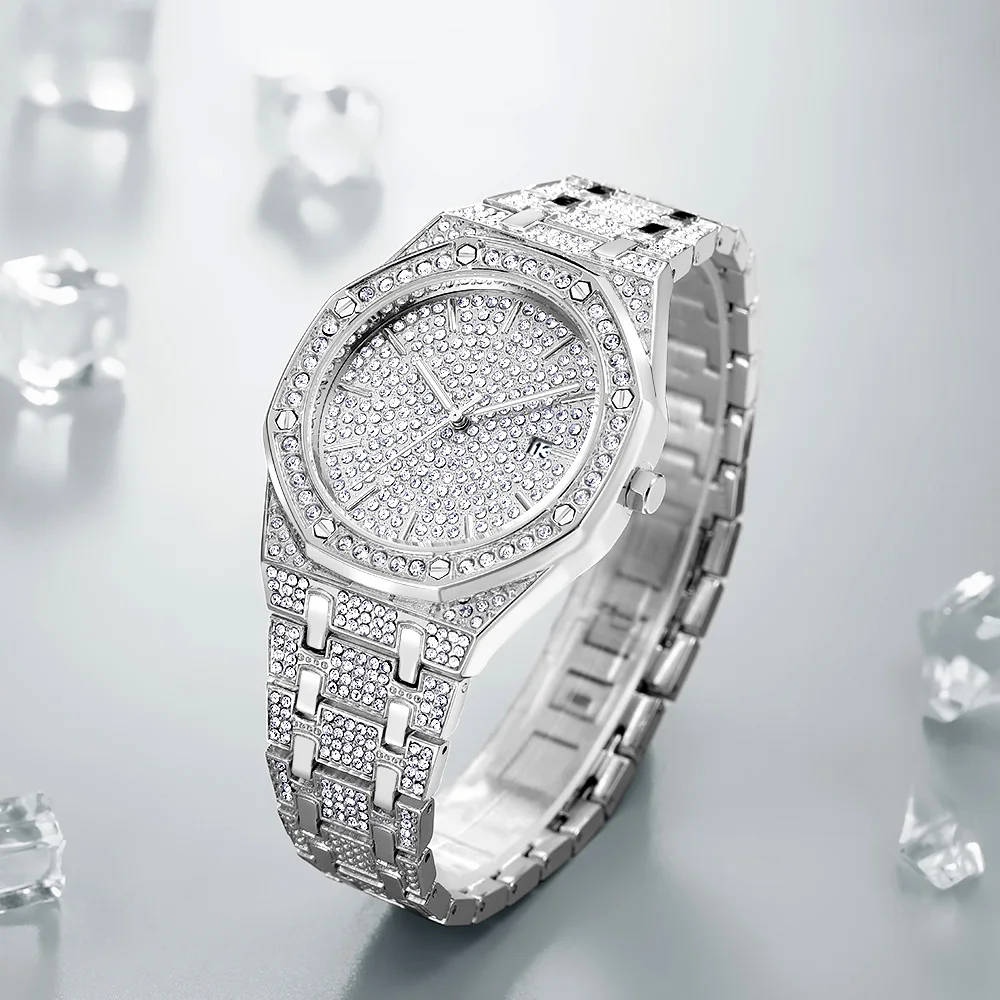 

YT021 Luxury Fashion Stainless Steel Back Female Male Silver Diamond Quartz Watch