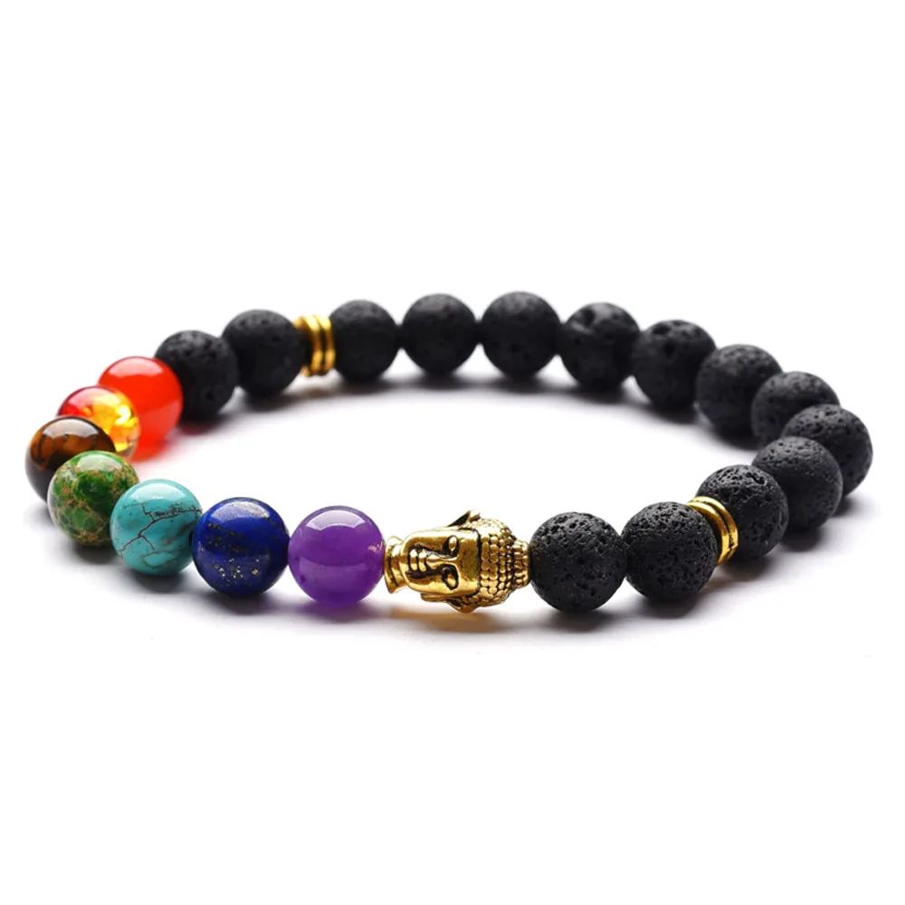 

Wish New Trendy Ethnic Black Lava Stone Yoga Bracelet Elastic 7 Chakra Stone Buddha Bracelet, As picture shows