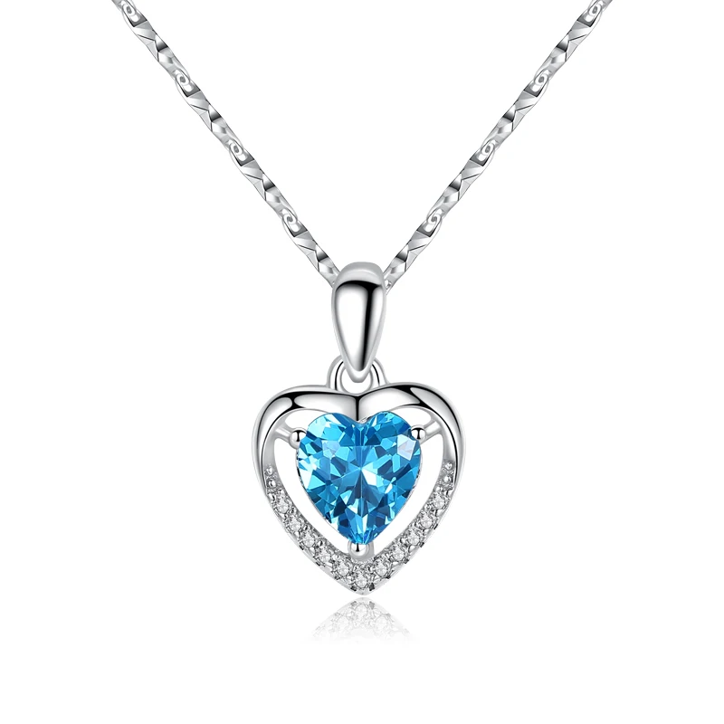 

top fashion heart cz diamond pendant blue ocean heart charm 925 sterling silver love necklace for Valentine
