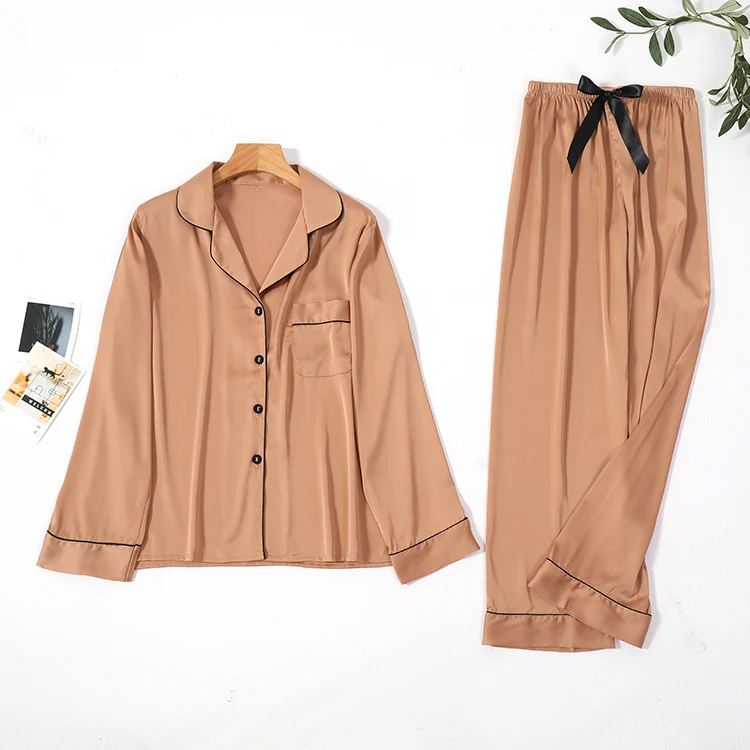 

2021 new style solid sleepwear luxury silk women longsleeve satin fabric pajamas pyjamas homewear, Custom colors