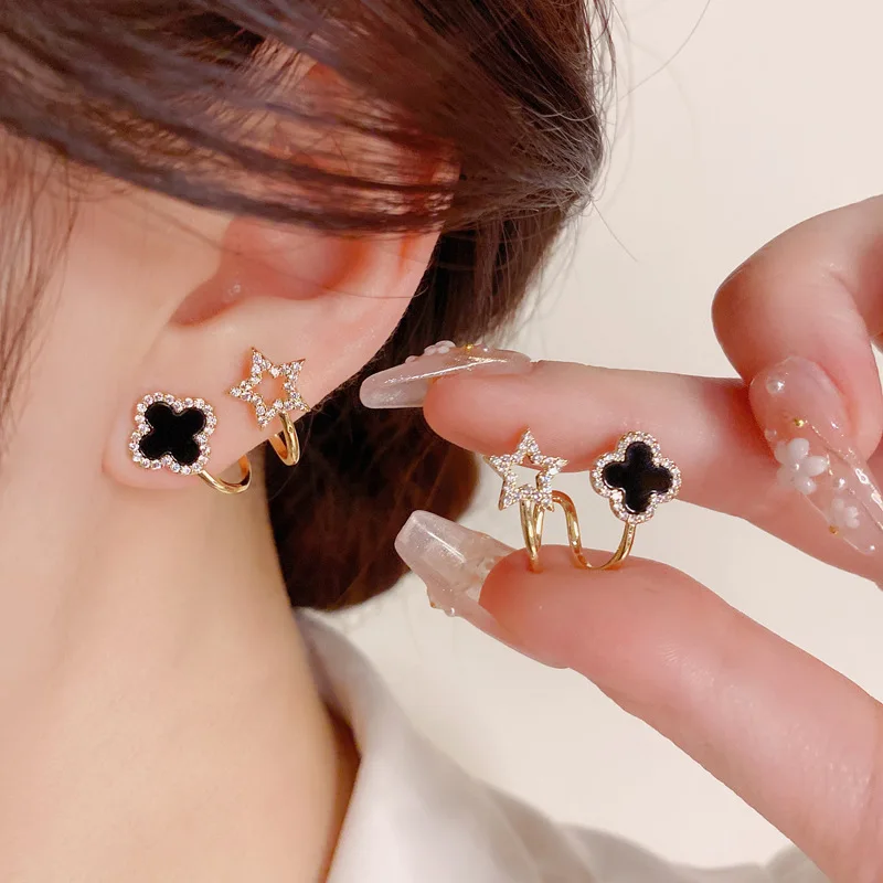 Elegant Delicate Copper Real Gold Plated S925 Silver Needle Micro Zircon Four Leaf Clover Stud Earrings For Women Jewelry