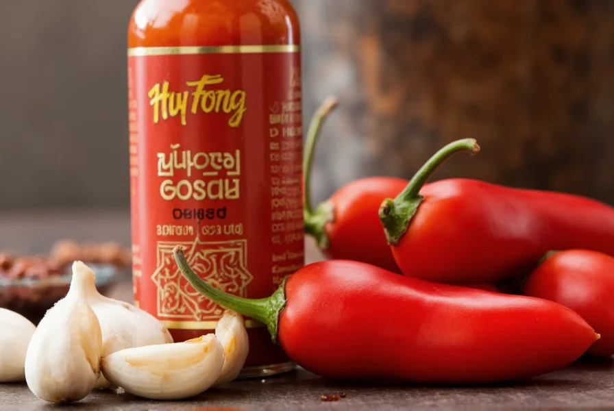 Close-up of Huy Fong garlic chili sauce bottle next to fresh garlic cloves and red jalapeños