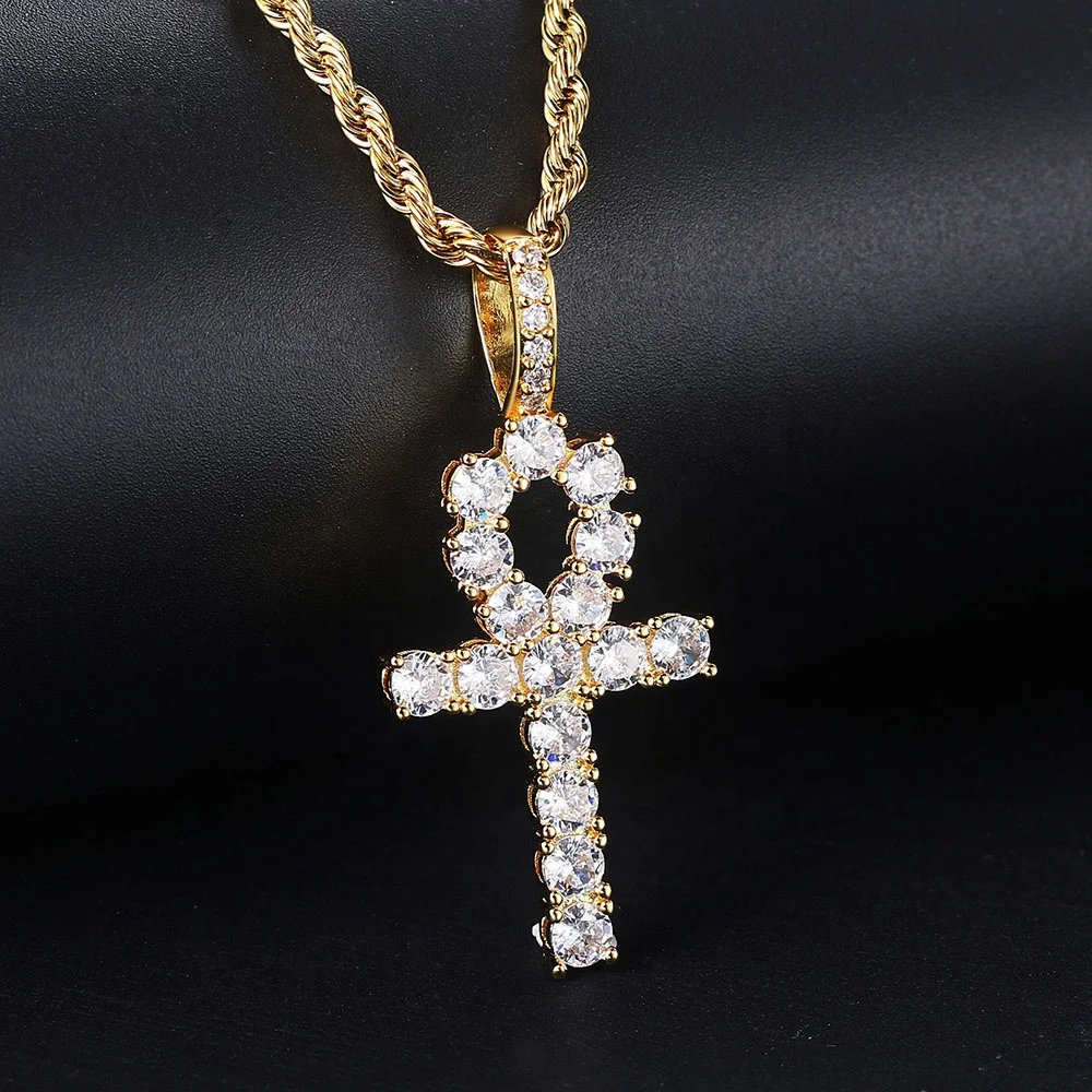 

Hot Sale Egyptian Style Jewelry Gold Plated Iced Out Bling Bling CZ Diamond Ankh Cross Pendant Necklace