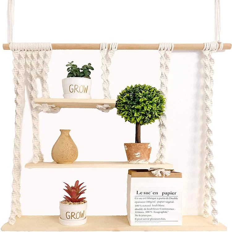 

new design macrame wall hanging shelf 3 tier handmade woven wood shelves wall art decor for room, Customized color