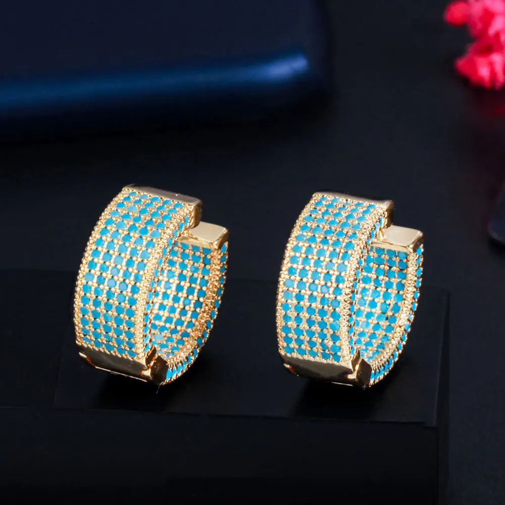 

Fashion Jewelry Full Blue Cubic Zirconia Crystal Pave Luxury 18k Gold Plated Circle Round Wide Hoop Earrings for Women Gifts