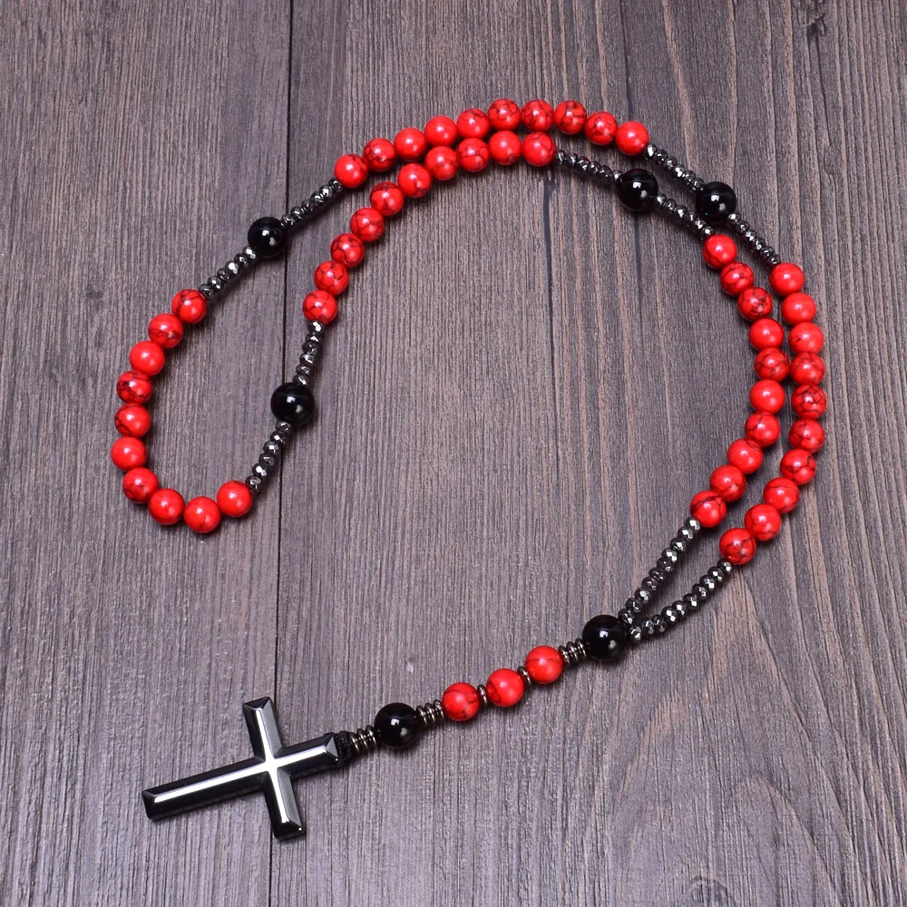 

Vintage 8mm Red Pine Stone Christ Rosary Necklaces Hematite Cross Pendant Necklace for Men Women Jewelry