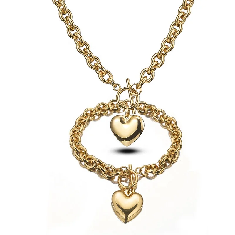 

2020 trendy brand gold silver stainless steel big solid chunky heart charm necklace