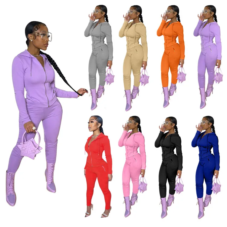 

EB-20082706 Active Wear Ladies 2 Piece Jogging Tracksuit Long Sleeve Zip Up Hoodie Women Two Piece Pants Set, Picture shown