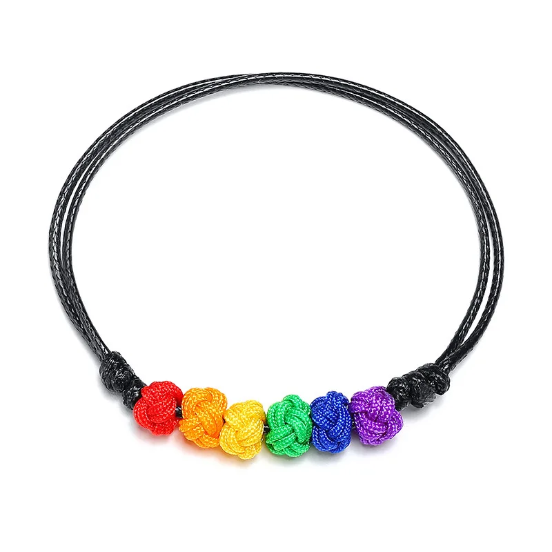 

2021 New Design Rainbow Jewelry Bracelet Black Wax Rope Braided Rainbow Knot Bracelet Adjustable Bracelet, As pic