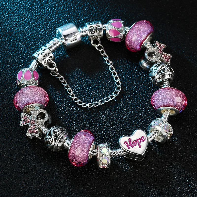 

Best Selling Pink Crystal Rhinestone Big Hole Beaded Bracelets Oil Drip Heart Shape HOPE Charm Bracelets For Women